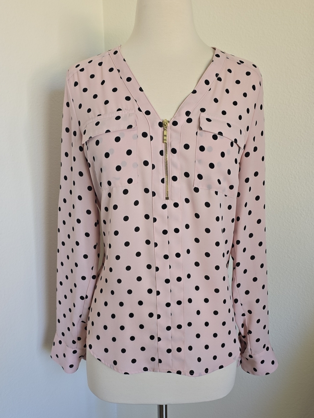Express Light Pink Polka Dot Zip Blouse